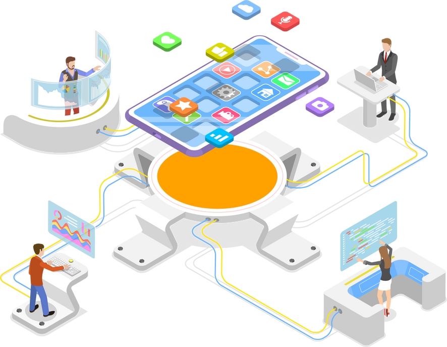 Flat isometric  concept of mobile app development, programming.