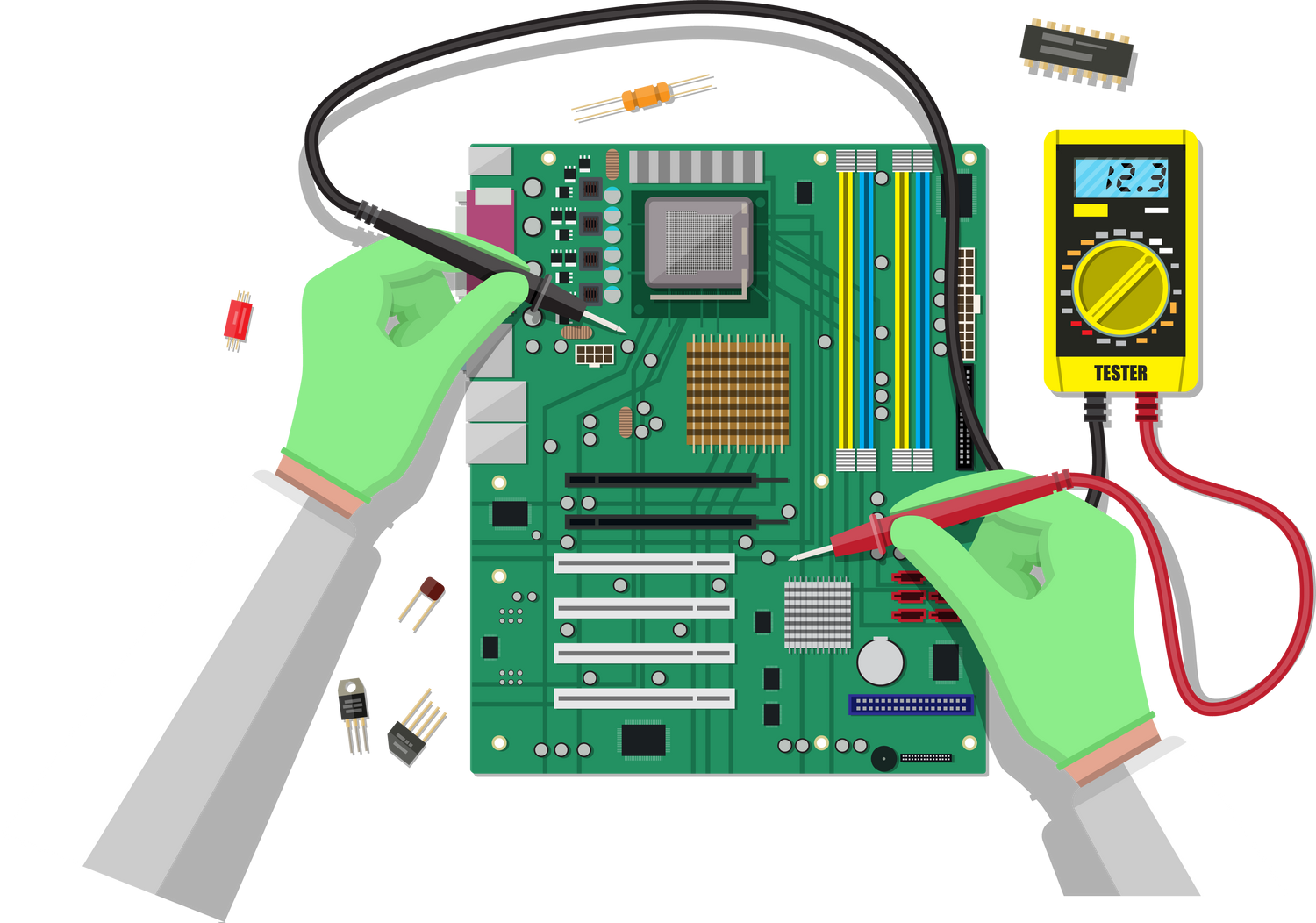 Engineer with Multimeter Checks Motherboard